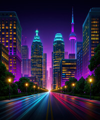 Fototapeta premium Cinematic downtown Toronto skyline at night with illuminated skyscraper, tower, avenue, and colorful light trails