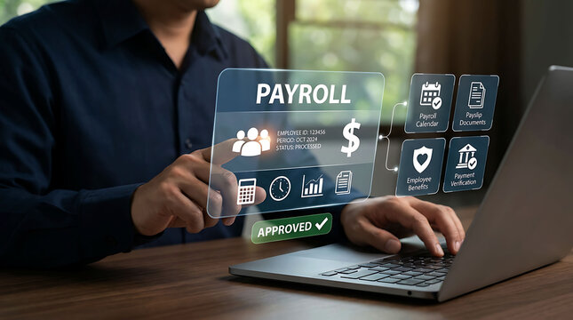 Man approving payroll processing on laptop with digital financial interface