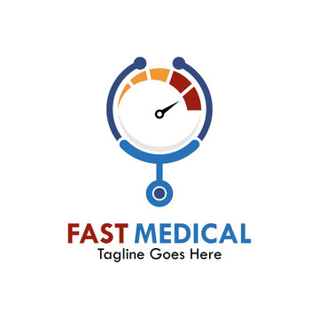 Fast medical vector logo template combining a stethoscope and a speedometer gauge, symbolizing quick healthcare, emergency response, and fast clinical services.