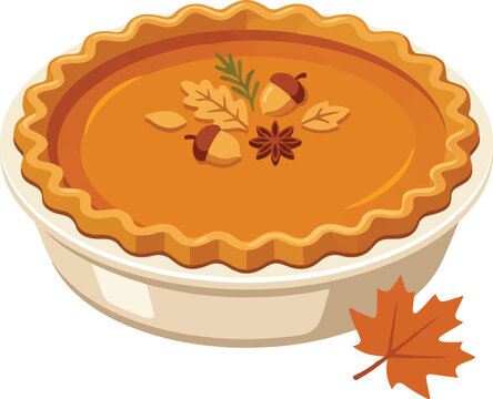 Vector pumpkin pie illustration with autumn leaves and spices in pan; Thanksgiving dessert seasonal food design; flat style orange pumpkin pie icon with acorns for greeting card patterns and