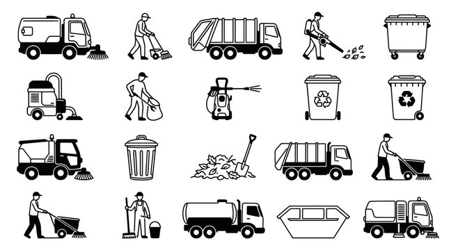 Collection of sanitation and cleaning service icons: trucks, bins, sweepers, and workers