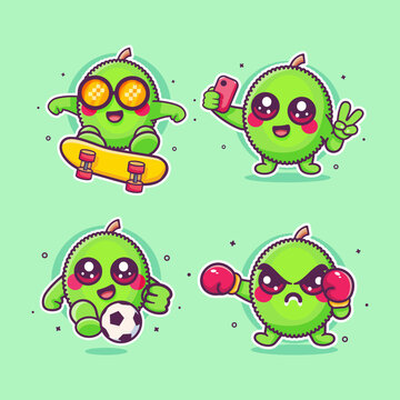 Cute jackfruit fruit mascot cartoon illustration set, featuring skateboarding, selfie, football, and boxing.
