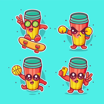 funny tumbler cup mascot cartoon vector illustration set, featuring skateboarding, boxing, basketball, and selfie.