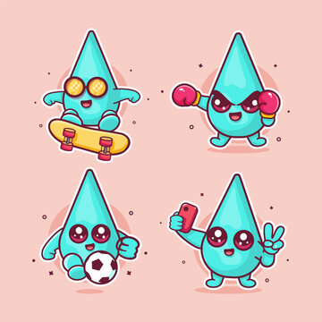 cute water drop mascot cartoon vector illustration set, featuring skateboarding, boxing, football, and selfie.