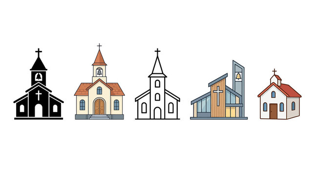 Church building icon set, 5 religious chapel vector illustrations, christian cathedral architecture in flat and line styles