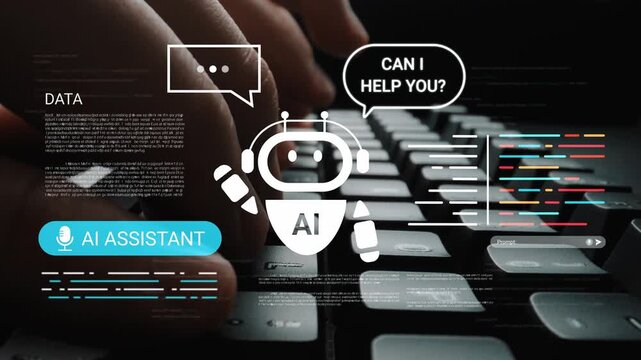 Friendly AI assistant interacts with user on computer keyboard showcasing data processing and technology communication in a vibrant digital workspace Gluon.