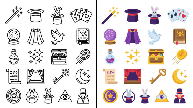 Collection of magic and illusion icons, both in outline and colorful versions, representing various elements of a magician's performance.