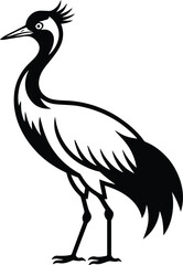 Naklejka premium Red-crowned crane China silhouette, majestic wild bird standing in profile, traditional East Asian nature symbol in clean black ink on isolated white