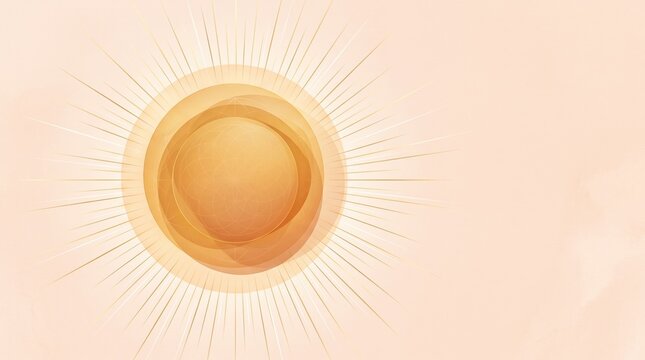 Minimalist abstract sun illustration, warm orange glowing orb with rays, soft peach aesthetic background for wellness and yoga