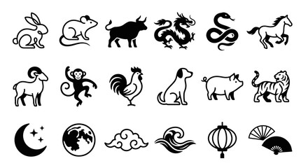 Obraz premium Chinese Zodiac Animals Vector Icon Set Black and White Line Art