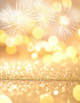 Golden fireworks and glowing bokeh create festive celebration background with sparkling light, warm color, and elegant holiday atmosphere for seasonal design