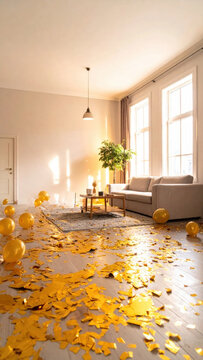 Sunlit living room with orange balloon and confetti creating joyful new year celebration atmosphere