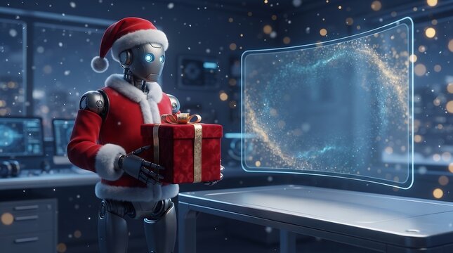 Futuristic robot Santa holding a gift near holographic screen