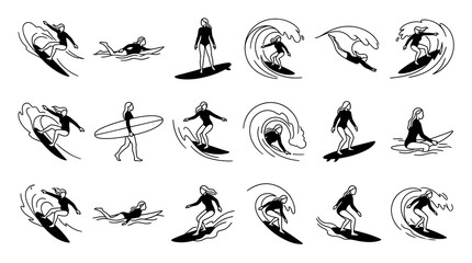 Naklejka premium Black and White Line Art Surfer Woman Icon Set on White Background