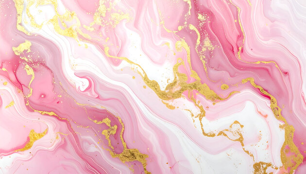 Flowing, abstract composition featuring swirling pink and white hues. Golden veins interlace creating a luxurious, fluid appearance
