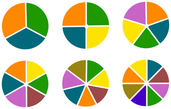 Colorful fraction circle pie charts set vector icon isolated white background. Mathematics education fractions geometry concept graphic artwork.