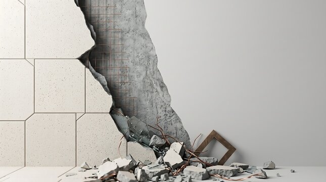 Broken architectural wall with copper rebar and glass debris
