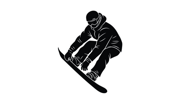 Dynamic black silhouette of an active snowboarder performing a jump trick in mid-air, isolated on white background.
