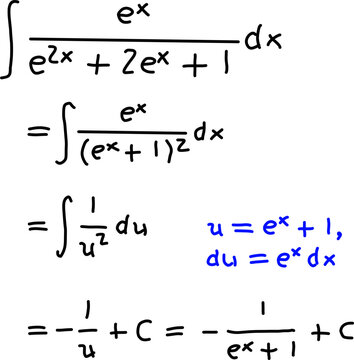 Handwritten calculus equation in red ink showing a step-by-step indefinite integral solution, isolated on a clean white background for education.