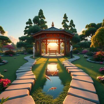 Serene garden scene with gazebo and koi pond at sunset