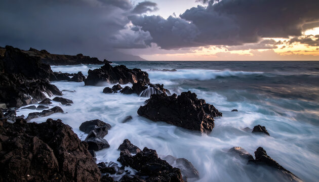 Dramatic coastal scene turbulent waves crash against dark volcanic rocks under a stormy sky with a glimpse of sunset