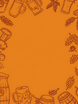 Warm orange retro Oktoberfest brewery icon line art border with huge central copy space for traditional pub menu covers and autumn festival packaging