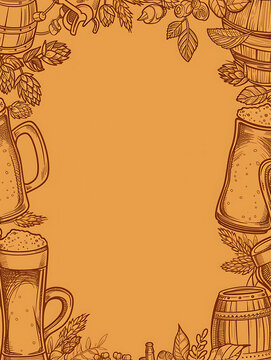 Vintage engraved beer mugs and hops border on warm orange with center copy space for craft brewery flyers and traditional Oktoberfest pub menus