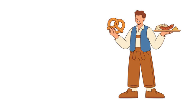A man in traditional Bavarian clothing holding a pretzel and a plate of sausage.