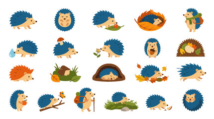 Obraz premium Flat Design Cute Hedgehogs Collection in Autumn Theme