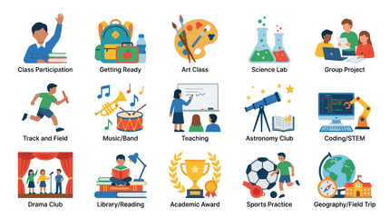 Naklejka premium Educational Activities Flat Icons: School Subjects, Sports, Arts, STEM