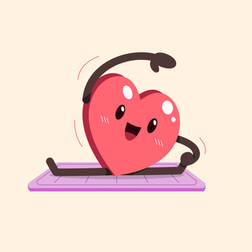 Cute heart character doing leg raise on yoga mat cartoon vector illustration