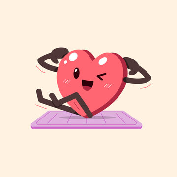 Cute heart character doing sit ups on yoga mat cartoon vector illustration