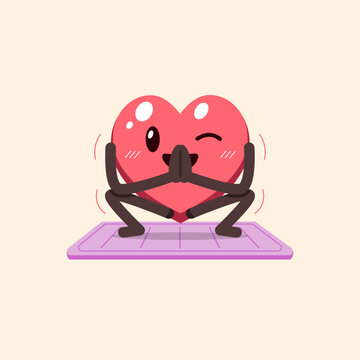 Cute heart character doing squat with prayer hands on yoga mat cartoon vector illustration