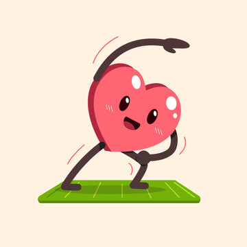 Cute heart character doing side stretch on yoga mat cartoon vector illustration