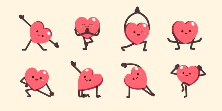Cute heart character yoga pose set cartoon vector illustration
