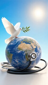White dove carrying olive branch perched on globe with stethoscope. International Day Doctors of the World for Peace. Global health and humanitarian aid. Concept of world healing.