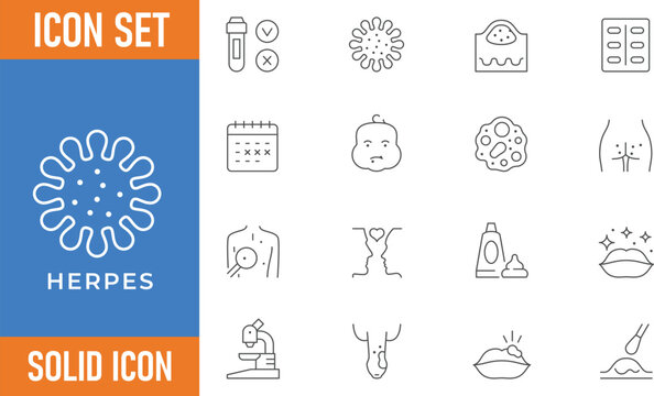 Herpes icon set solid vector illustration with virus and medical symbols.