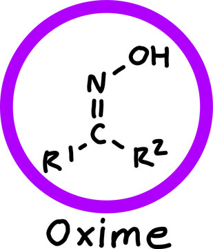 Oxime structural formula showing carbon, nitrogen, hydroxyl group, and organic R groups, ideal for organic chemistry education, science, and textbooks.