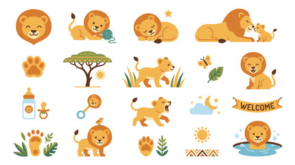 Obraz premium Cute Cartoon Lion and Cub Safari Baby Animals Flat Vector Illustration Set for Children's Design