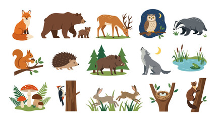Obraz premium Flat Vector Illustration of Forest Animals in Nature, Wildlife Collection