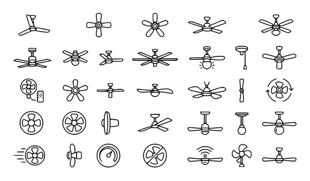 Ceiling fan icons, cooling appliances, ventilation and air circulation symbols vector set, outline electric fans, exhaust and home comfort elements