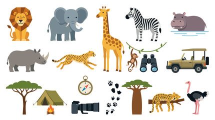 Naklejka premium African Safari Adventure Flat Cartoon Vector Icons Set with Animals and Exploration Equipment