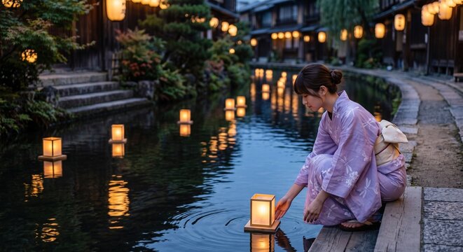 Japanese Woman in Lavender Yukata Floating a Toro Nagashi Paper Lantern on a River at Twilight