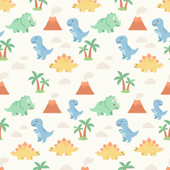 Colorful cartoon dinosaurs and volcanoes pattern design. © brght