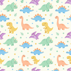 Colorful cartoon dinosaurs on a playful pattern background. © brght