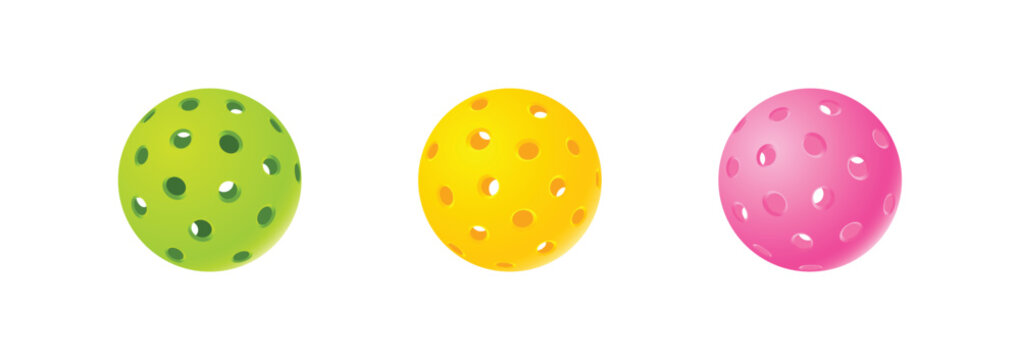 Set of Three Colorful Pickleballs: Neon Green, Yellow, and Pink Perforated Plastic Balls