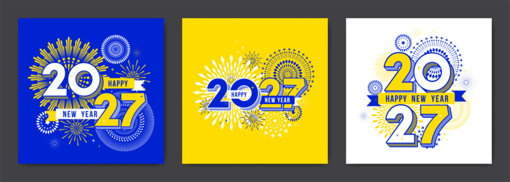 Set of Happy New Year 2027 background design with fireworks and typography. 