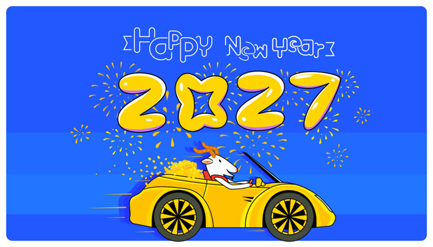 Happy New Year 2027 greeting card with funny goat driving a car cartoon character. Year of the goat celebration 