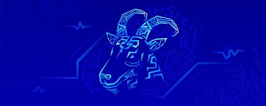 Vector the Goat zodiac design with futuristic blue symbolic lines. Chinese New Year 2027.