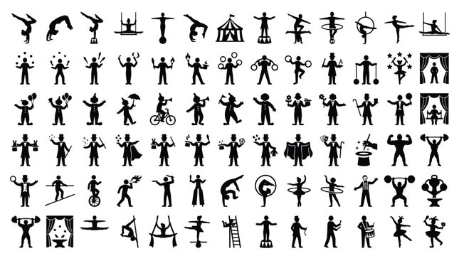 Circus Performer Silhouette Collection with Acrobats, Jugglers, Clowns, and Magicians
